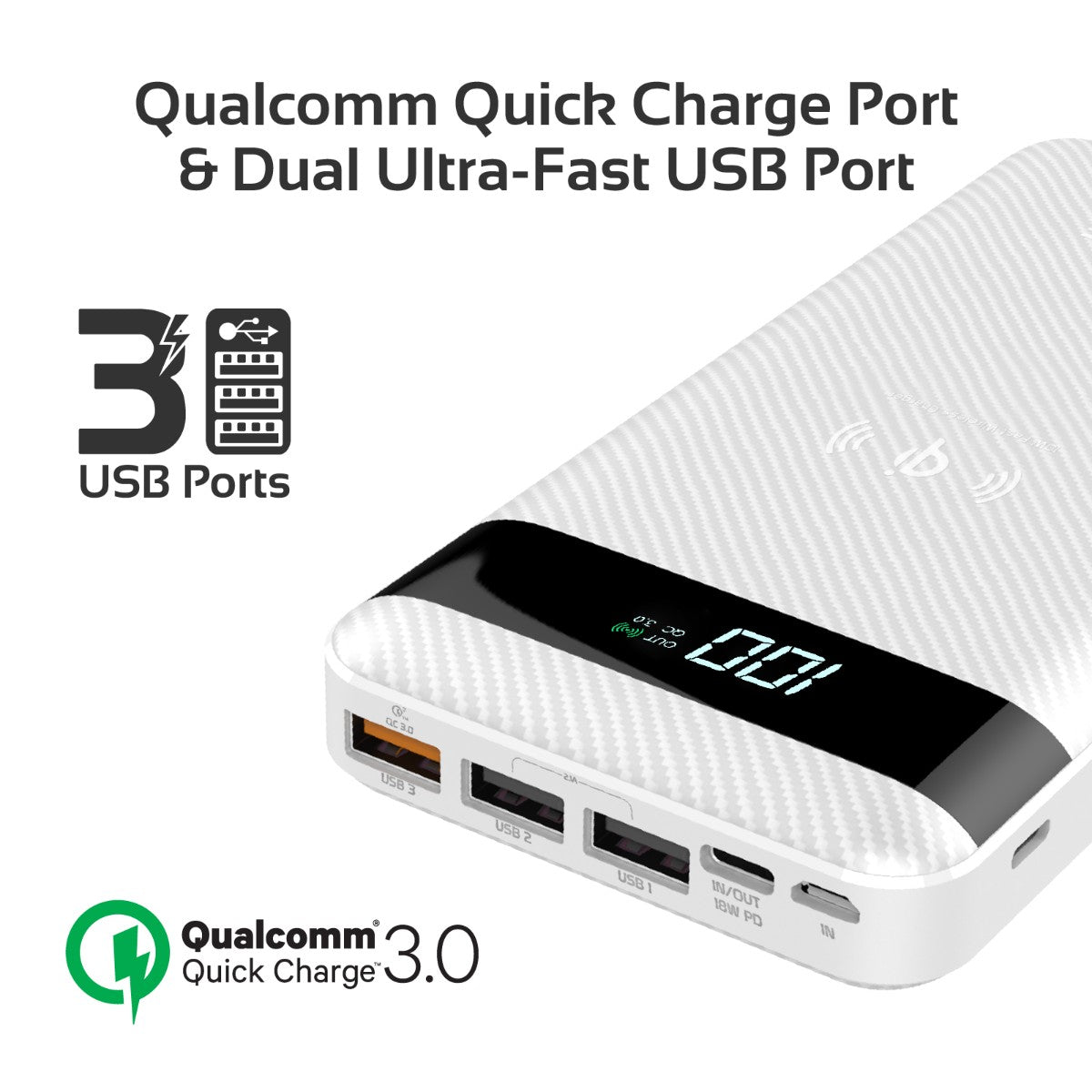 Promate - USB-C Qi Power Bank, Qi-Certified 10W Fast Wireless 20000mAh Battery Charger with 18W Two-Way Type-C Power Delivery, QC 3.0 Three USB Port, LED Display and Lightning, Micro USB Input for Qi and USB Enabled Devices, AuraTank-20 White