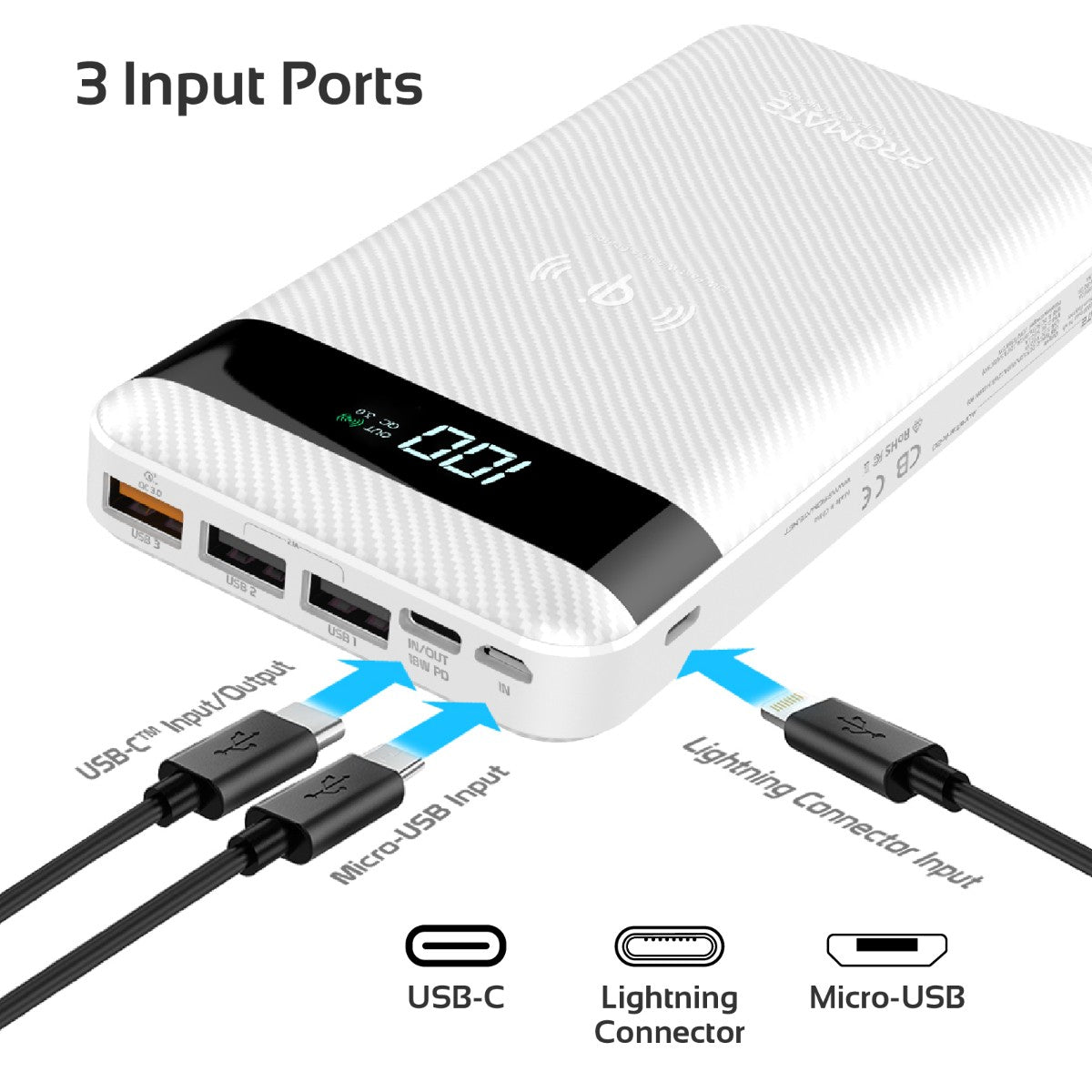 Promate - USB-C Qi Power Bank, Qi-Certified 10W Fast Wireless 20000mAh Battery Charger with 18W Two-Way Type-C Power Delivery, QC 3.0 Three USB Port, LED Display and Lightning, Micro USB Input for Qi and USB Enabled Devices, AuraTank-20 White