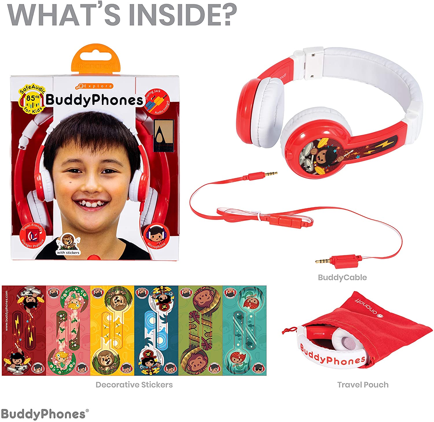 BuddyPhones - Explore Foldable Headphones with Mic - Red