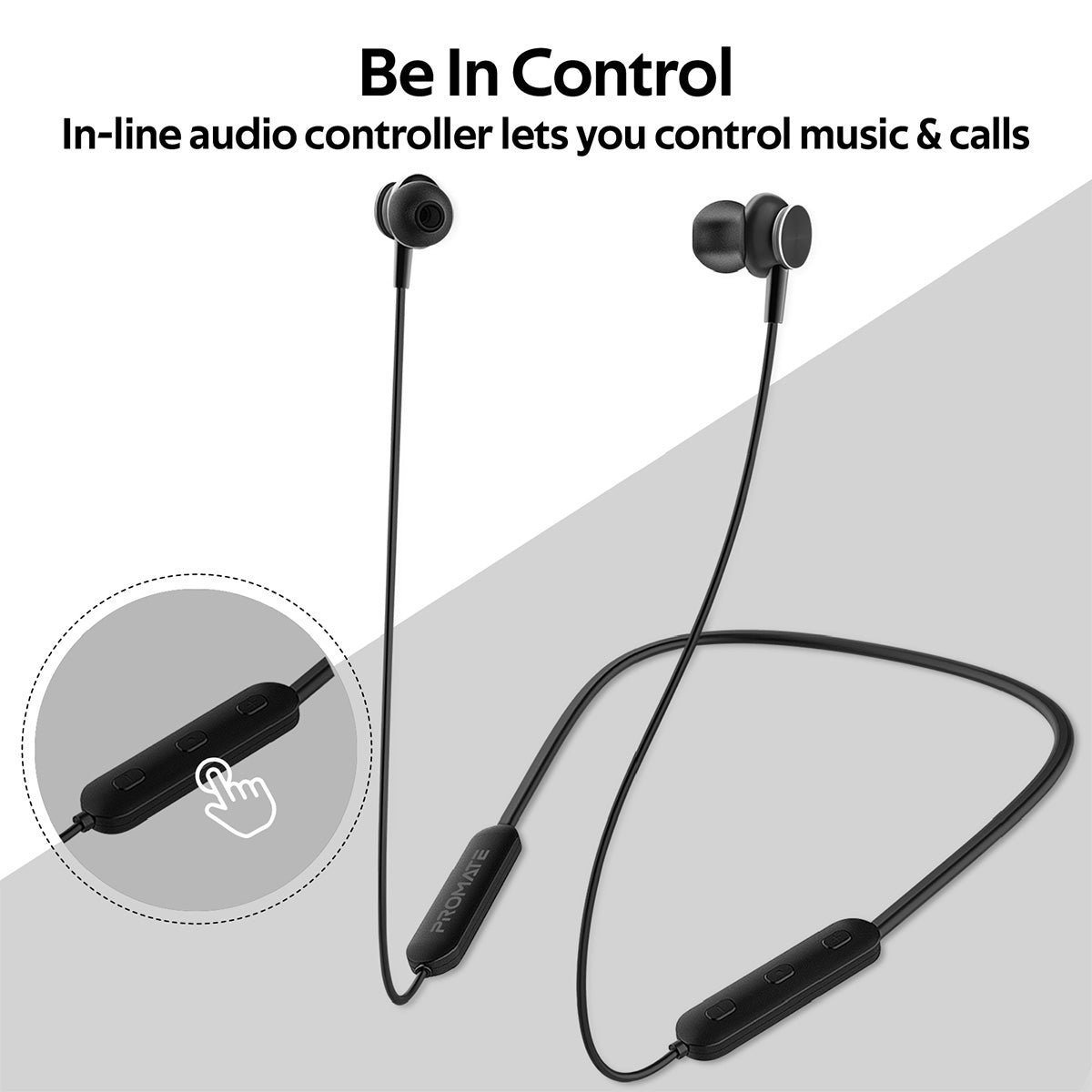 Promate - Wireless Earphones, Dynamic Neckband Bluetooth v5.0 Magnetic Closure Secure Fit Headphones with Built-In Hi-Res Mic, In-Line Multifunctional Control and Long Playtime for Smartphones, Running, Tablet, iPod, Bali Black