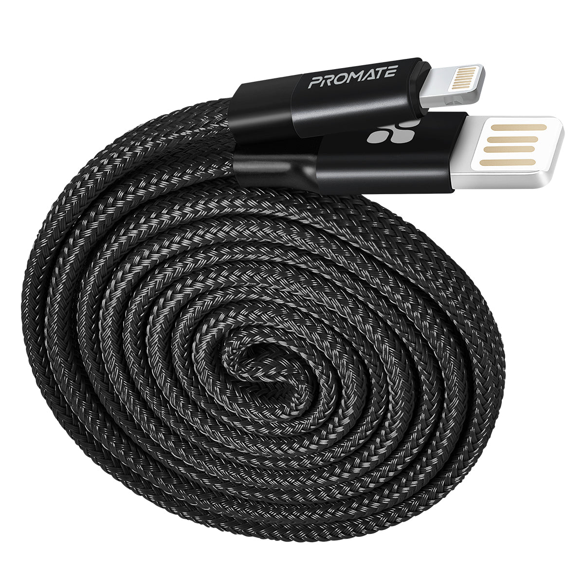 Promate - Auto-Rolling Lightning Cable, Durable Aluminium Alloy Auto-Rolling Reversible USB-A to Lighting Cable with 2A Fast Charging and Syncing 1.2m Cord for All Apple Lightning Connector Devices, Coiline-i.Black