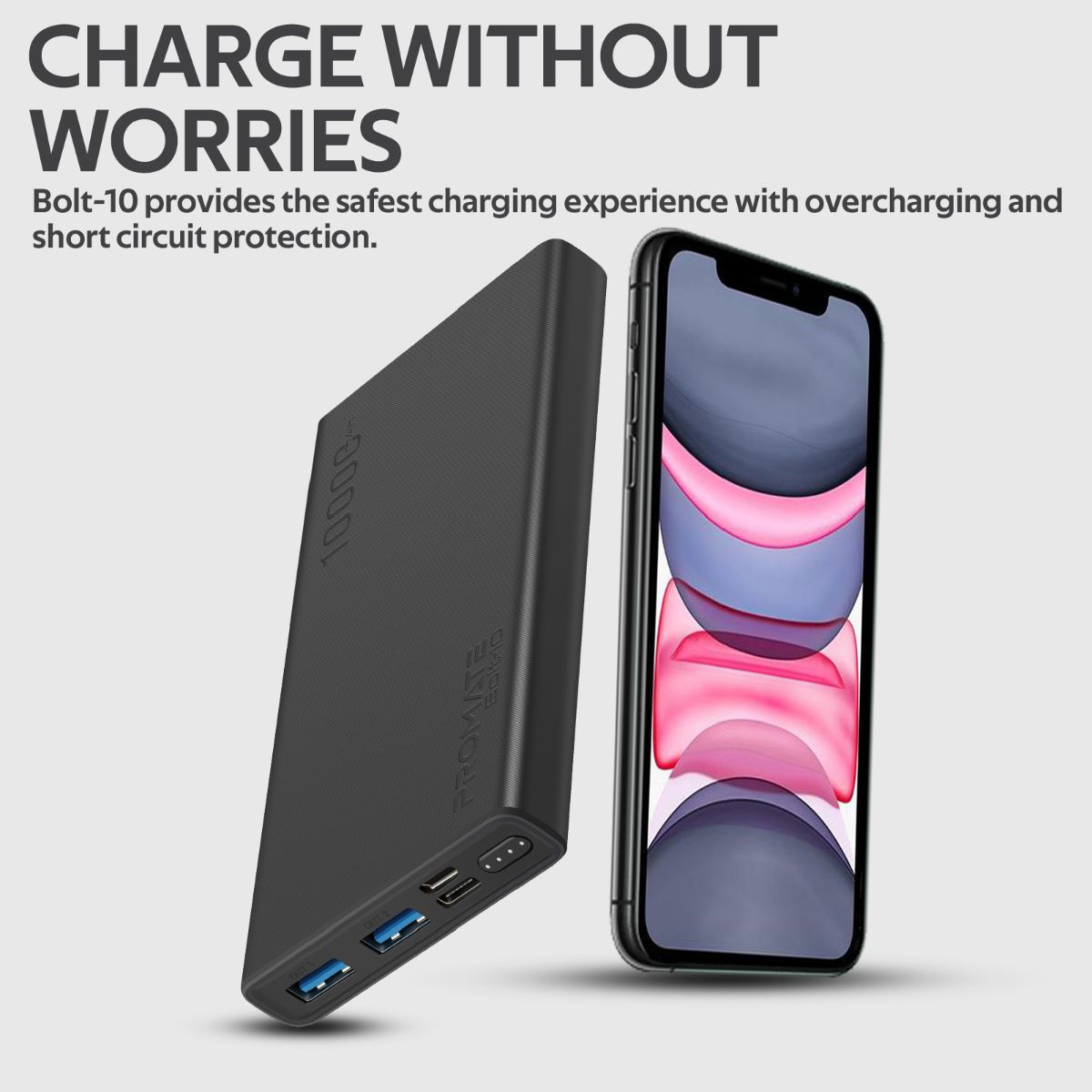 Promate - 10000mAh Portable Charger, Fast Charging 2.0A Dual USB Premium Battery Power Bank with Input USB Type-C™ Port, Over Charging Protection for Smartphones, Tablets, iPod, Bolt-10 Black