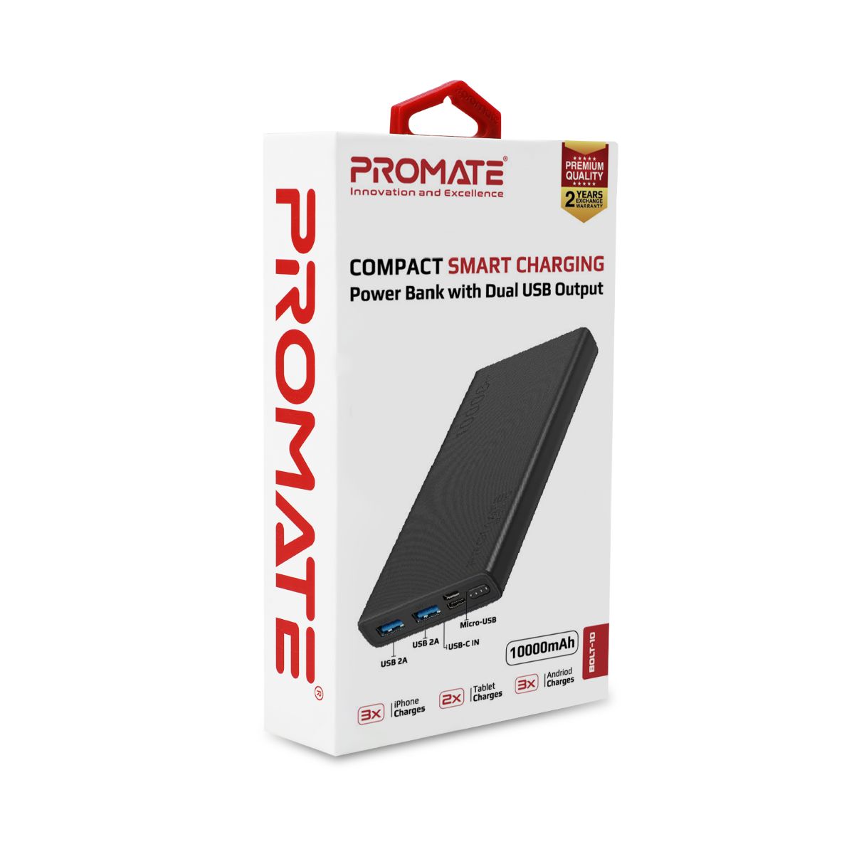 Promate - 10000mAh Portable Charger, Fast Charging 2.0A Dual USB Premium Battery Power Bank with Input USB Type-C™ Port, Over Charging Protection for Smartphones, Tablets, iPod, Bolt-10 Black