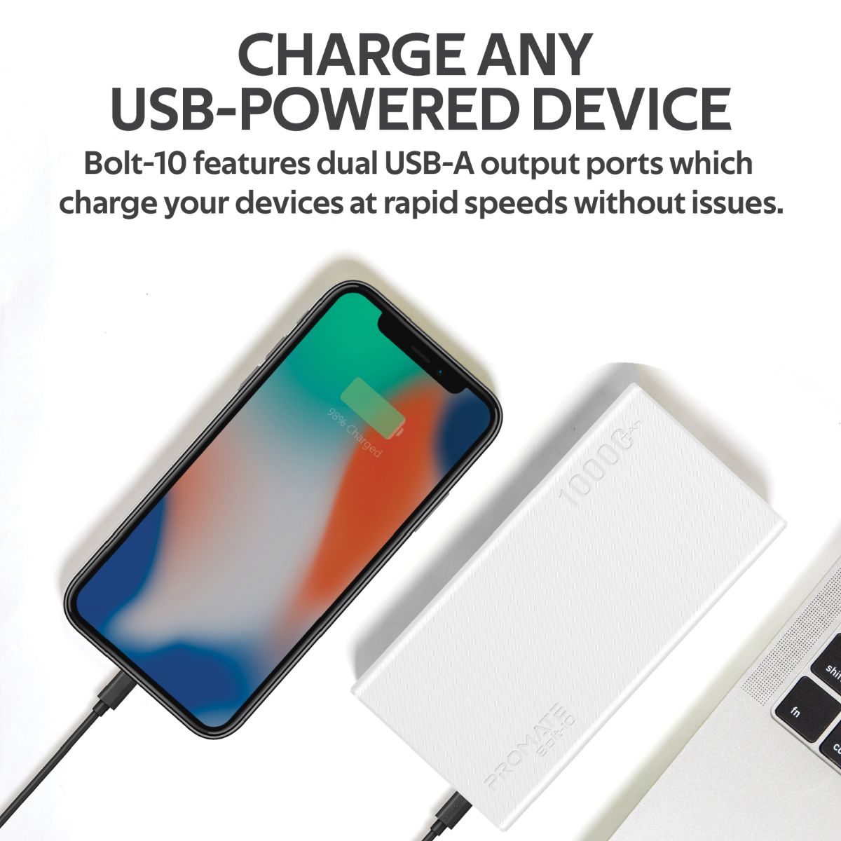 Promate - 10000mAh Portable Charger, Fast Charging 2.0A Dual USB Premium Battery Power Bank with Input USB Type-C™ Port, Over Charging Protection for Smartphones, Tablets, iPod, Bolt-10 White