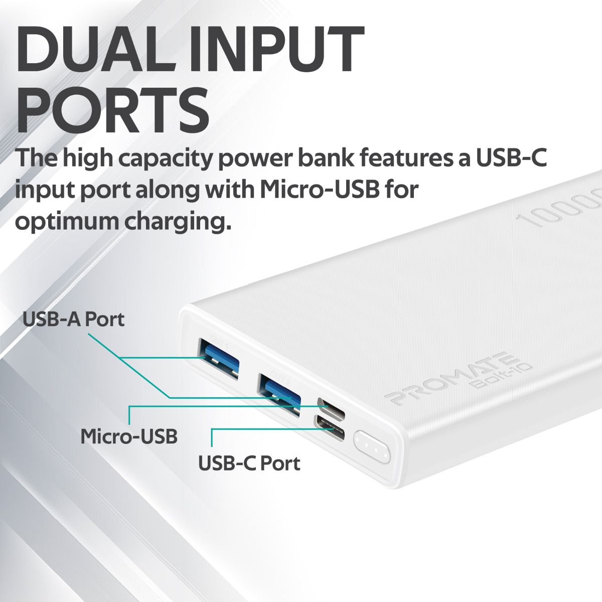 Promate - 10000mAh Portable Charger, Fast Charging 2.0A Dual USB Premium Battery Power Bank with Input USB Type-C™ Port, Over Charging Protection for Smartphones, Tablets, iPod, Bolt-10 White