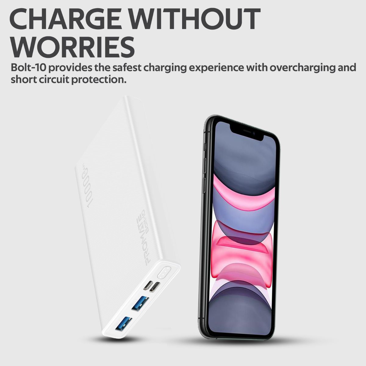 Promate - 10000mAh Portable Charger, Fast Charging 2.0A Dual USB Premium Battery Power Bank with Input USB Type-C™ Port, Over Charging Protection for Smartphones, Tablets, iPod, Bolt-10 White