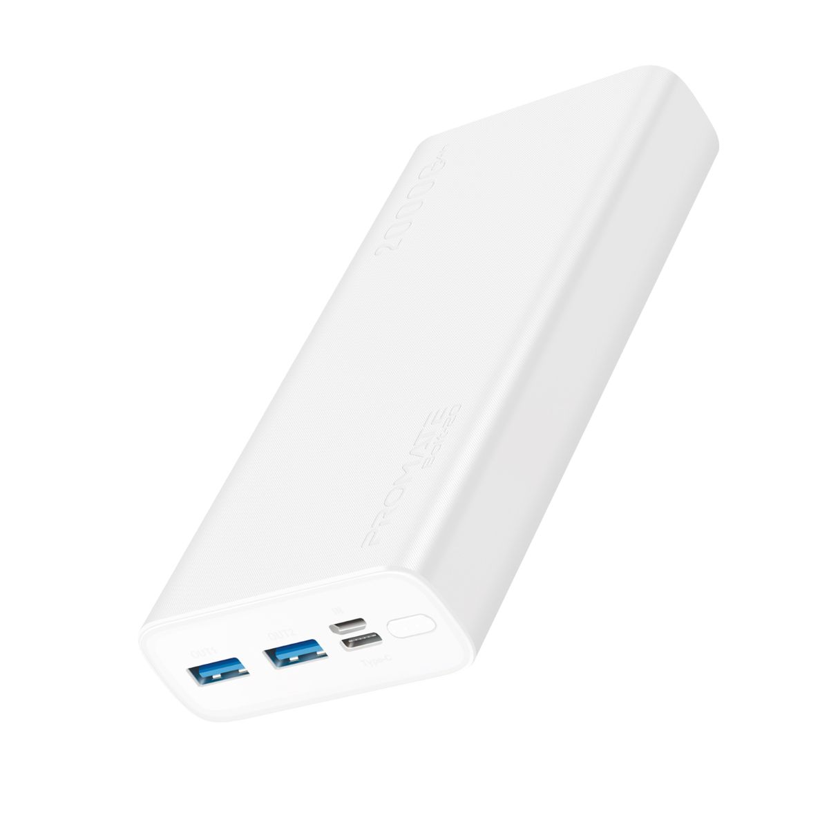 Promate - 20000mAh Power Bank, Super-Slim Fast Charging Portable Charger with 2A Dual USB Port, Over-Charging Protection and USB-C™, Micro USB Input Port for Smartphones, Tablets, iPod, iPad, Bolt-20 White