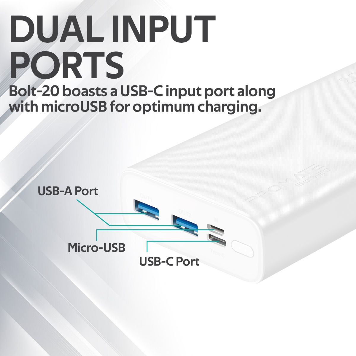 Promate - 20000mAh Power Bank, Super-Slim Fast Charging Portable Charger with 2A Dual USB Port, Over-Charging Protection and USB-C™, Micro USB Input Port for Smartphones, Tablets, iPod, iPad, Bolt-20 White