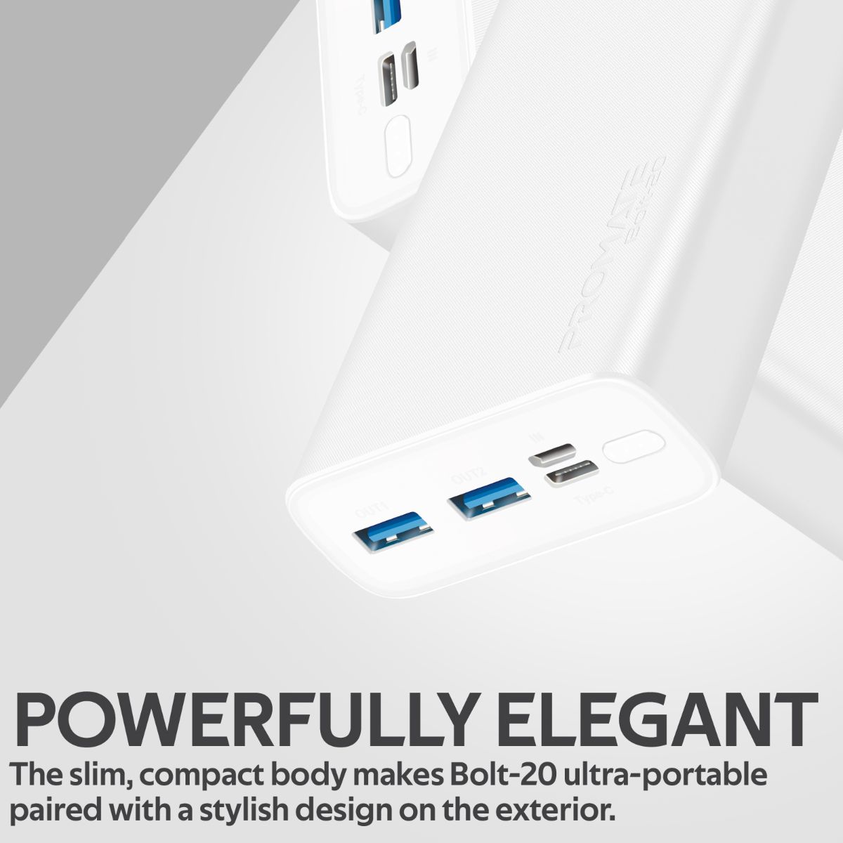 Promate - 20000mAh Power Bank, Super-Slim Fast Charging Portable Charger with 2A Dual USB Port, Over-Charging Protection and USB-C™, Micro USB Input Port for Smartphones, Tablets, iPod, iPad, Bolt-20 White