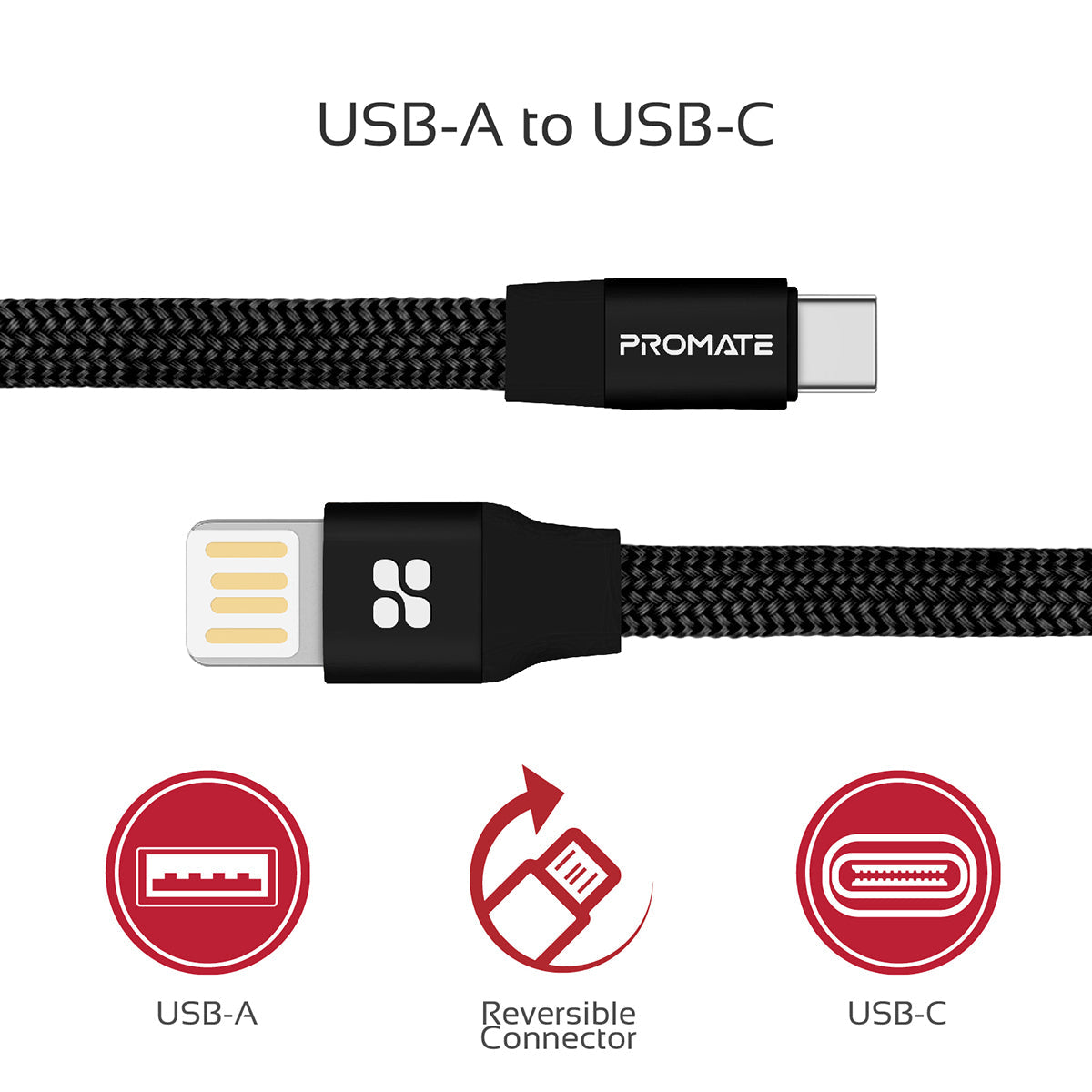 Promate - Auto-Coiling USB-C™ Cable, Premium Fabric Braided Aluminium Alloy Reversible USB-A to Type-C™ Cable With 2A Fast Charge and Sync 1.2 Meter Cord for All Type-C™ Smartphones, Tablet, Coiline-C Black