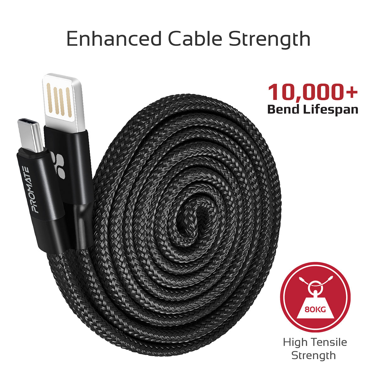 Promate - Auto-Coiling USB-C™ Cable, Premium Fabric Braided Aluminium Alloy Reversible USB-A to Type-C™ Cable With 2A Fast Charge and Sync 1.2 Meter Cord for All Type-C™ Smartphones, Tablet, Coiline-C Black