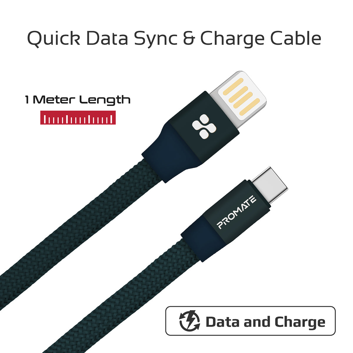 Promate - Auto-Coiling USB-C™ Cable, Premium Fabric Braided Aluminium Alloy Reversible USB-A to Type-C™ Cable With 2A Fast Charge and Sync 1.2 Meter Cord for All Type-C™ Smartphones, Tablet, Coiline-C Blue