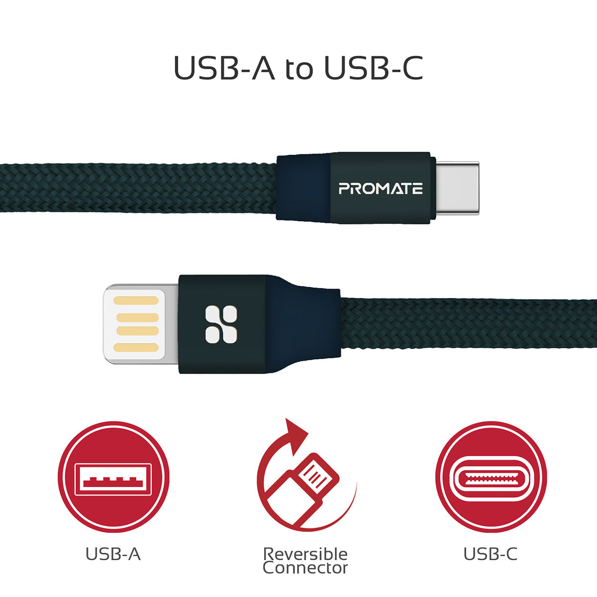 Promate - Auto-Coiling USB-C™ Cable, Premium Fabric Braided Aluminium Alloy Reversible USB-A to Type-C™ Cable With 2A Fast Charge and Sync 1.2 Meter Cord for All Type-C™ Smartphones, Tablet, Coiline-C Blue