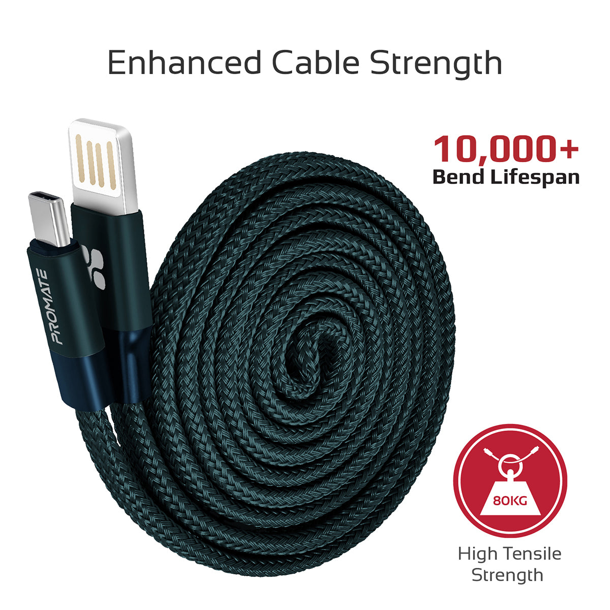 Promate - Auto-Coiling USB-C™ Cable, Premium Fabric Braided Aluminium Alloy Reversible USB-A to Type-C™ Cable With 2A Fast Charge and Sync 1.2 Meter Cord for All Type-C™ Smartphones, Tablet, Coiline-C Blue