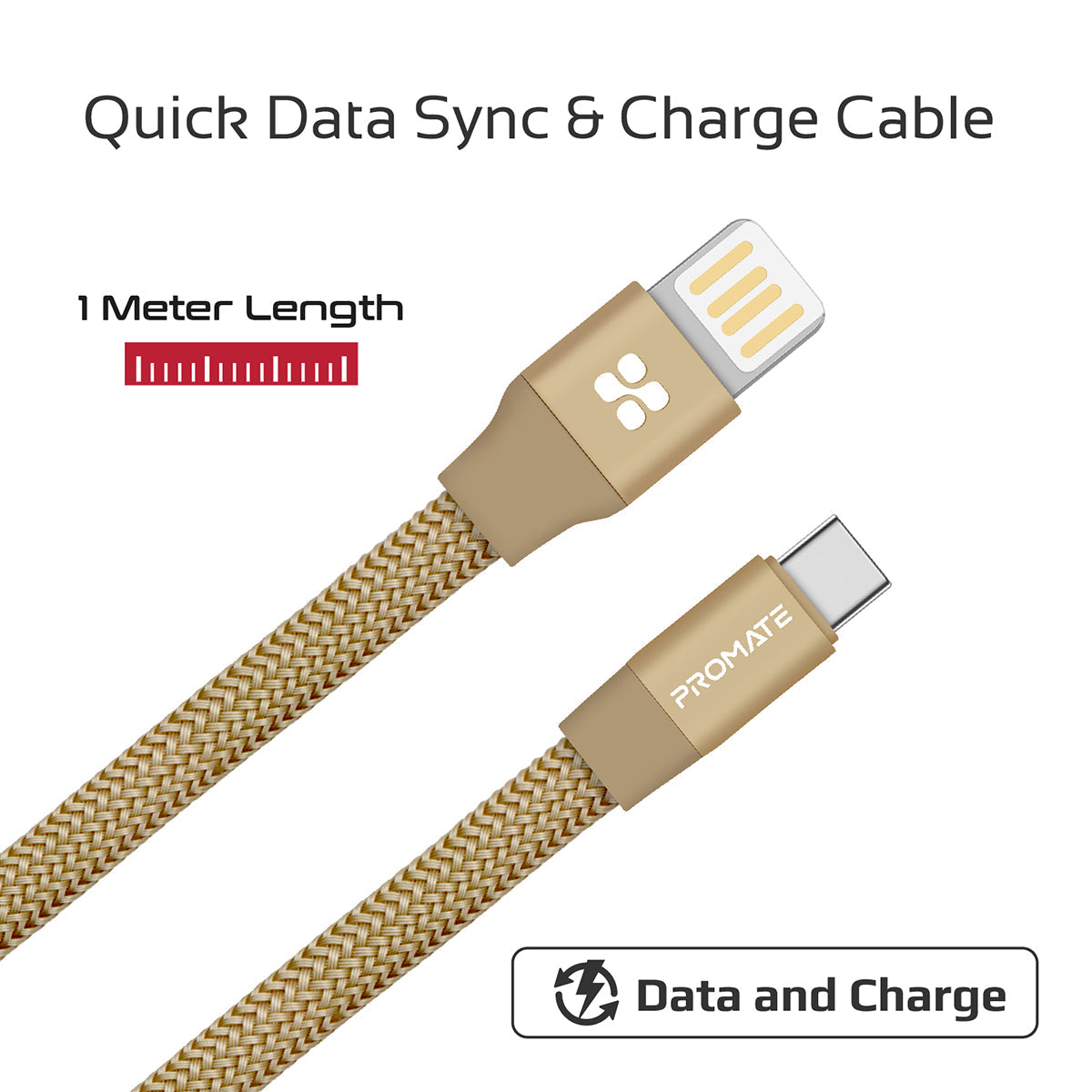 Promate - Auto-Coiling USB-C™ Cable, Premium Fabric Braided Aluminium Alloy Reversible USB-A to Type-C™ Cable With 2A Fast Charge and Sync 1.2 Meter Cord for All Type-C™ Smartphones, Tablet, Coiline-C Gold