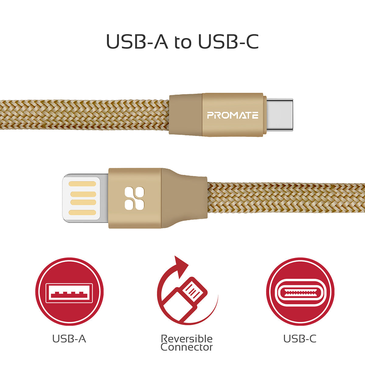 Promate - Auto-Coiling USB-C™ Cable, Premium Fabric Braided Aluminium Alloy Reversible USB-A to Type-C™ Cable With 2A Fast Charge and Sync 1.2 Meter Cord for All Type-C™ Smartphones, Tablet, Coiline-C Gold