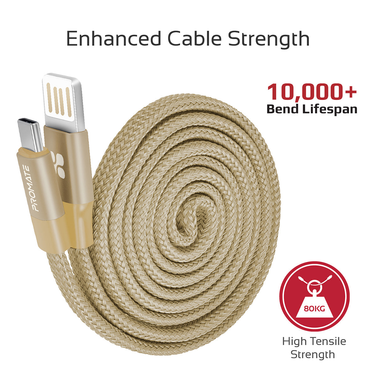 Promate - Auto-Coiling USB-C™ Cable, Premium Fabric Braided Aluminium Alloy Reversible USB-A to Type-C™ Cable With 2A Fast Charge and Sync 1.2 Meter Cord for All Type-C™ Smartphones, Tablet, Coiline-C Gold