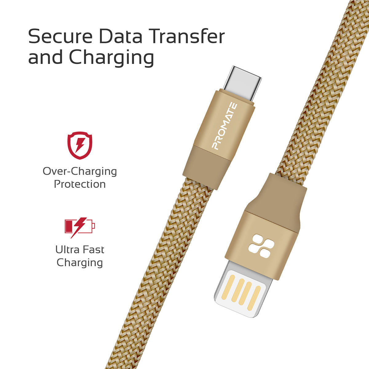 Promate - Auto-Coiling USB-C™ Cable, Premium Fabric Braided Aluminium Alloy Reversible USB-A to Type-C™ Cable With 2A Fast Charge and Sync 1.2 Meter Cord for All Type-C™ Smartphones, Tablet, Coiline-C Gold