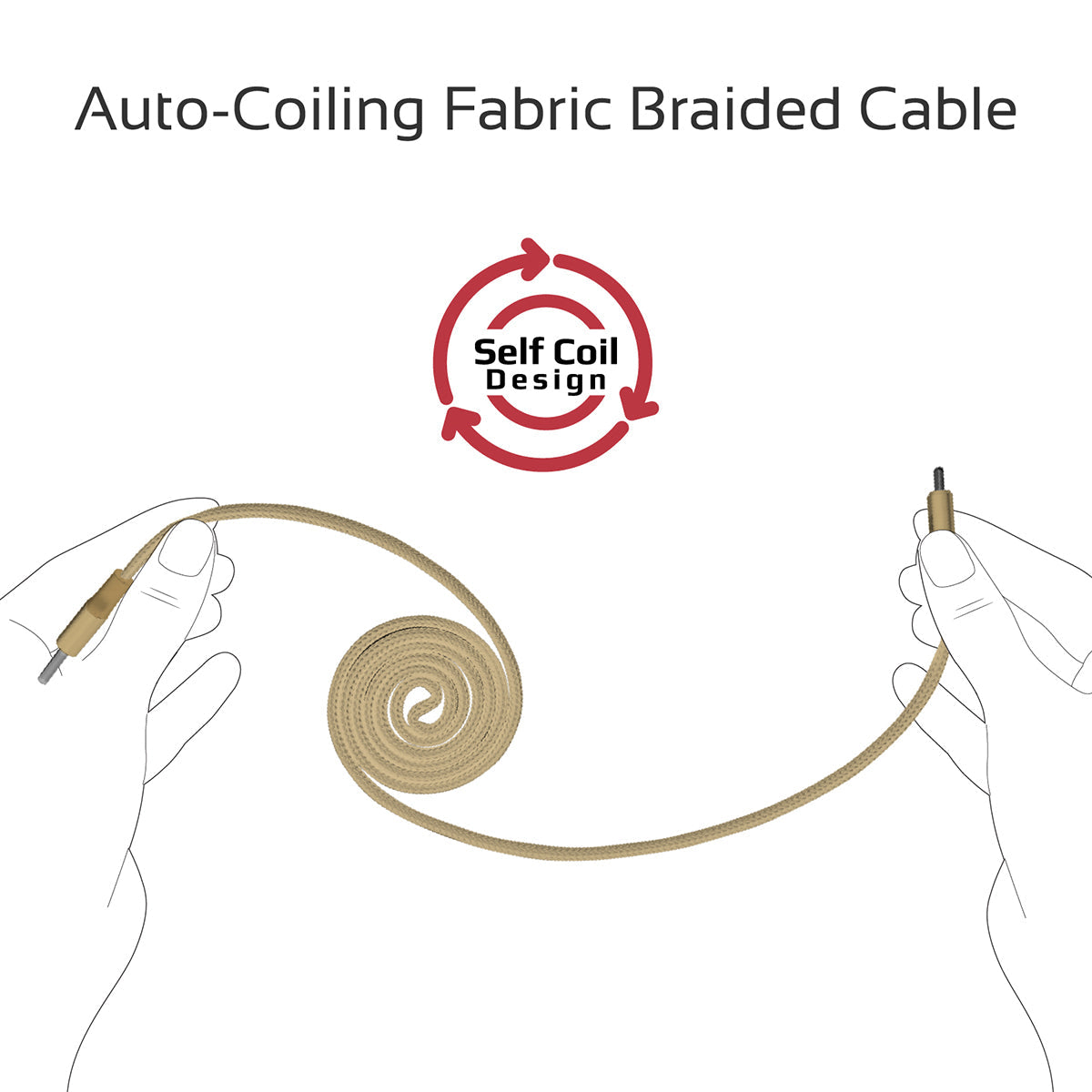 Promate - Auto-Coiling USB-C™ Cable, Premium Fabric Braided Aluminium Alloy Reversible USB-A to Type-C™ Cable With 2A Fast Charge and Sync 1.2 Meter Cord for All Type-C™ Smartphones, Tablet, Coiline-C Gold