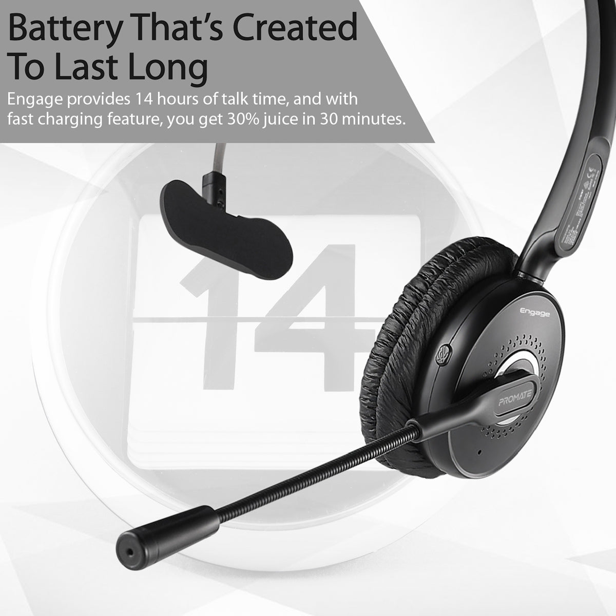 Promate - Wireless Mono Headset, Premium Bluetooth Headphone with Noise Cancelling Mic, HD Voice, Built-In Controls and Adjustable Fit Headband for Skype, Stage Speaker, Teaching, Engage