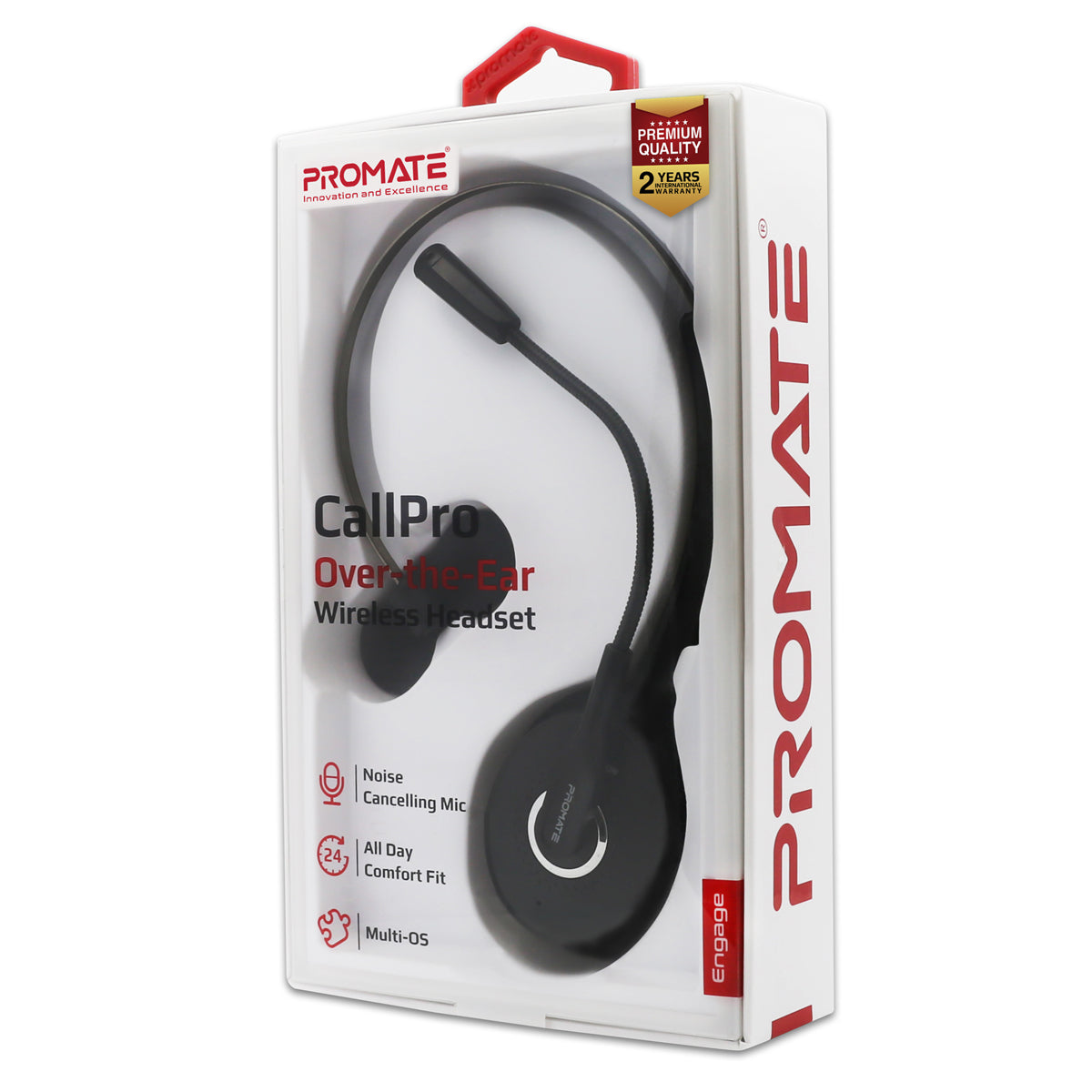 Promate - Wireless Mono Headset, Premium Bluetooth Headphone with Noise Cancelling Mic, HD Voice, Built-In Controls and Adjustable Fit Headband for Skype, Stage Speaker, Teaching, Engage