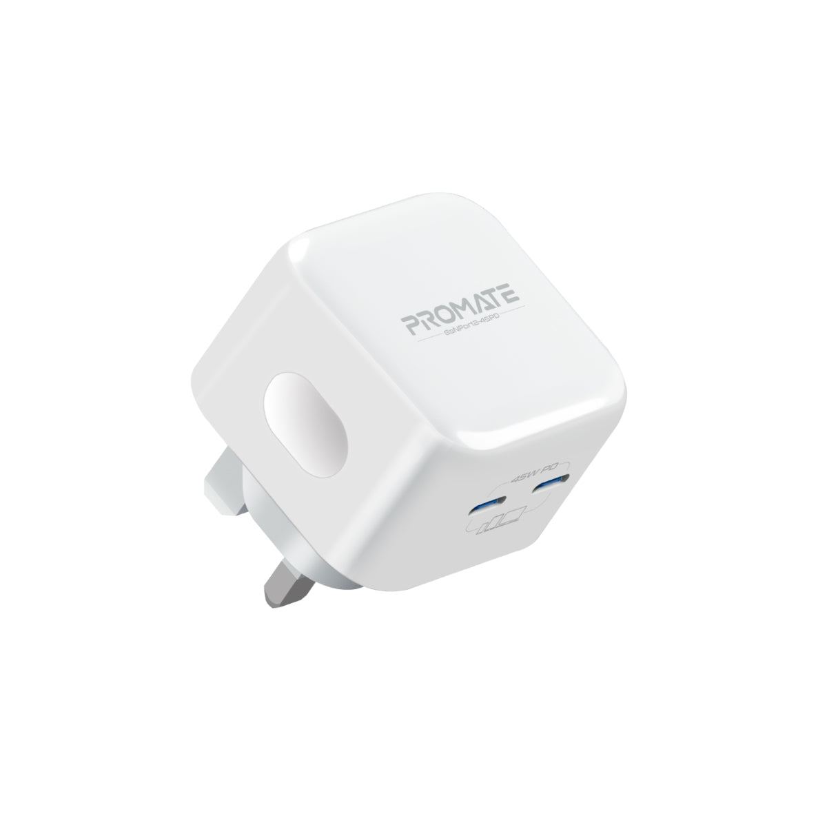 Promate GaN USB-C Charger with 45W Dual USB-C Power Delivery Ports and Short-Circuit Protection, GaNPort2-45PD