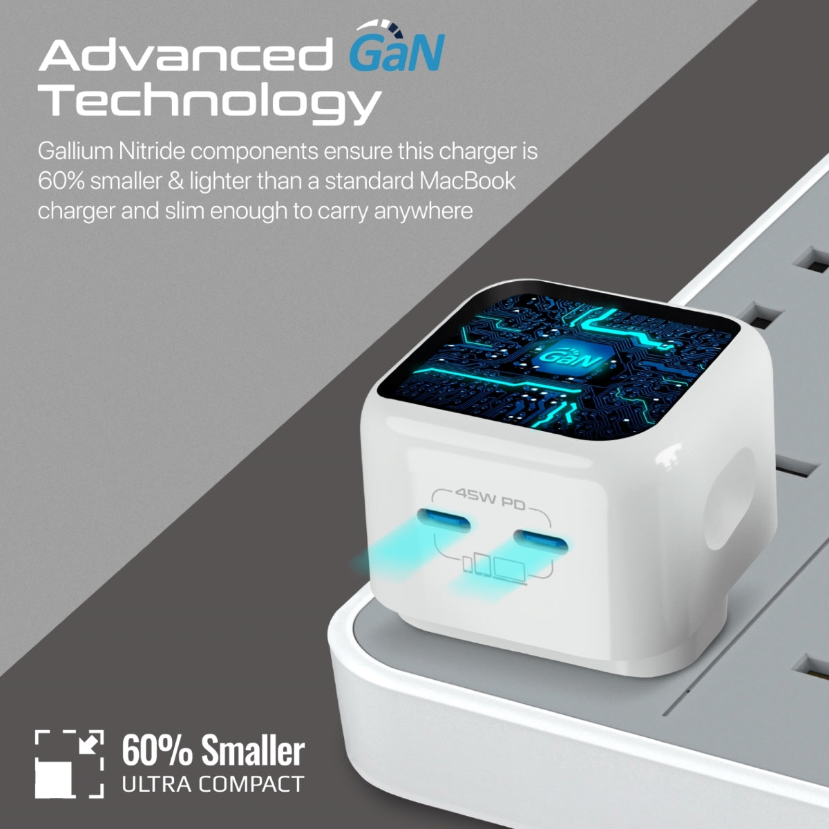 Promate GaN USB-C Charger with 45W Dual USB-C Power Delivery Ports and Short-Circuit Protection, GaNPort2-45PD