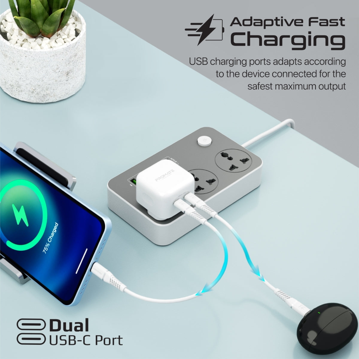 Promate GaN USB-C Charger with 45W Dual USB-C Power Delivery Ports and Short-Circuit Protection, GaNPort2-45PD