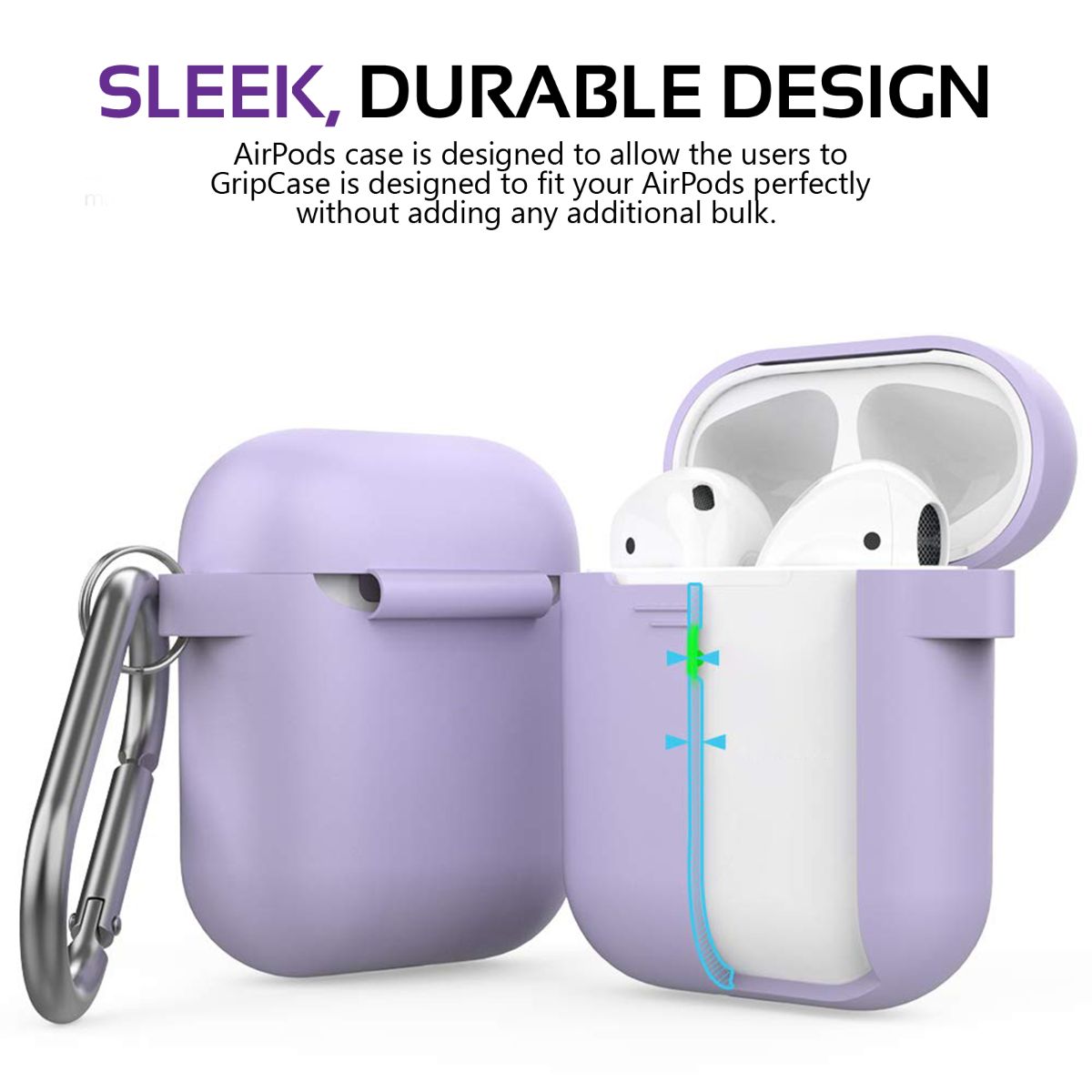 Promate AirPods Case, Lightweight Anti-Slip Soft Silicone 360 Degree Protective Cover with Anti-Lost Carabiner Hook and Wireless Charging Compatible for Apple AirPods and AirPods 2, GripCase Purple
