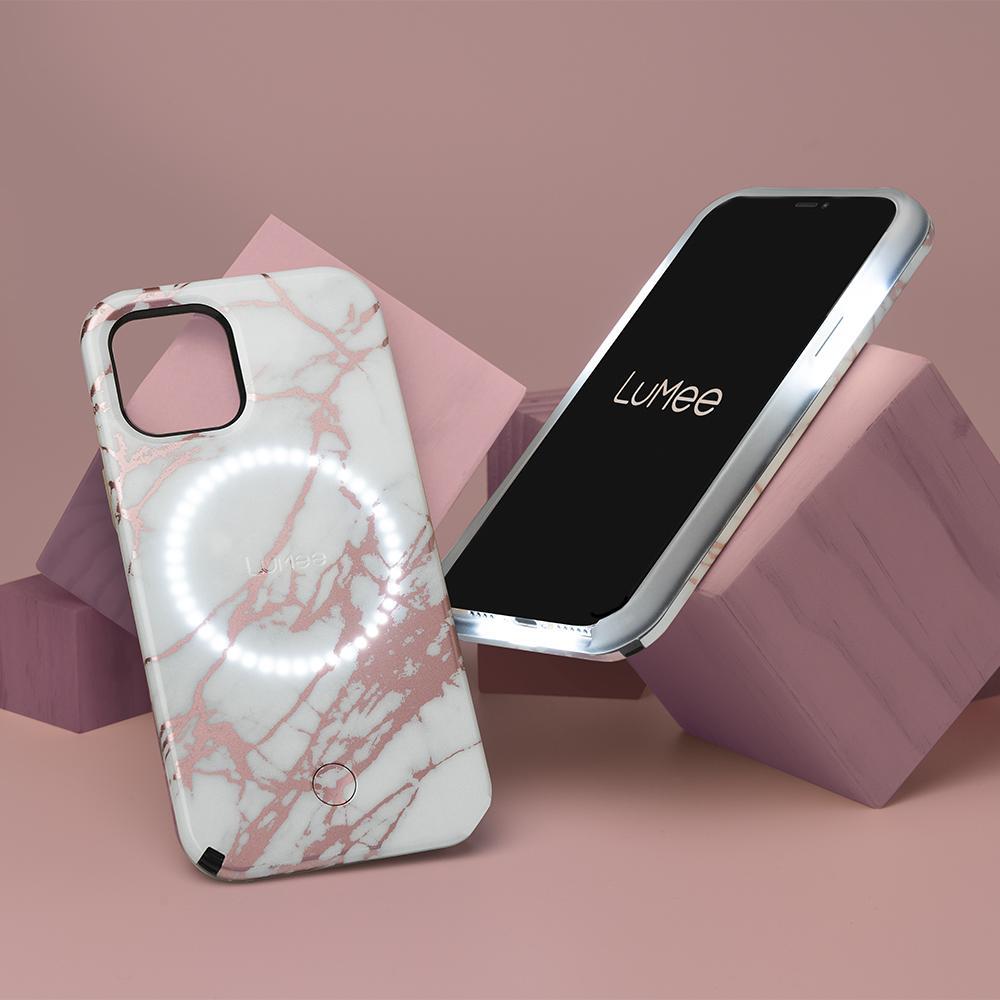 Lumee Halo Selfie Case for Apple iPhone 12 Pro Max - Studio-Like Front & Back Light w/ Variable Dimmer & Micropel AntiBacterial Protection Wireless Pass-Through Charging - White Marble