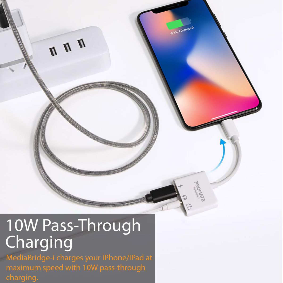 Promate - 3-in-1 Lightning OTG Adapter, Portable Lightning HUB to USB Female OTG Adapter with Charging Interface and 3.5mm Headphone Jack for iPhone, iPad, Lightning Connector Devices, MediaBridge-i