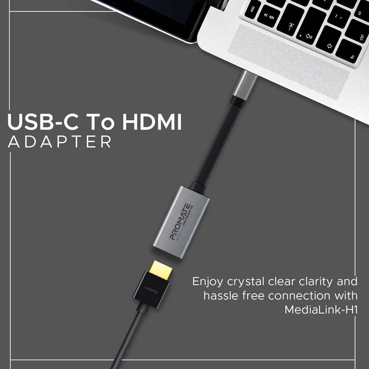 Promate - USB C to HDMI Adapter, Ultra-Compact USB Type-C™ to HDMI Adapter Converter 4k 30hz with High Definition Video for MacBook Pro, Google Chromebook, Samsung Galaxy S10+, Note 8/9, Surface Book 2, MediaLink-H1 Grey