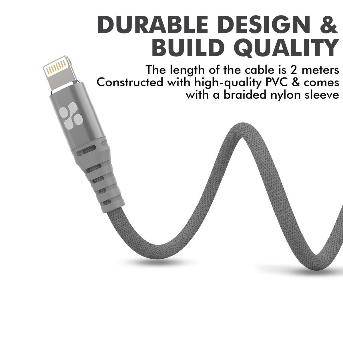 Promate - MFi Certified Lightning Cable, High-Speed 2.4A Nylon Braided USB Charging and Syncing Data Cable with 2m Tangle-Free Design and Over-Charging Protection for iPhone XS, XS Max, iPad Pro, iPod, NerveLink-i2 Grey