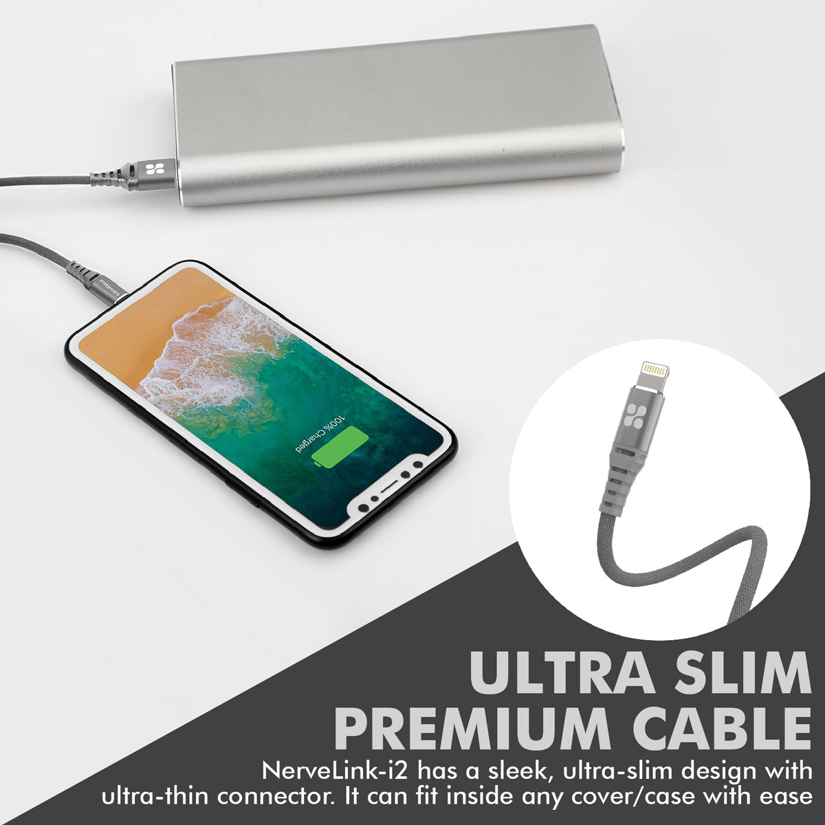 Promate - MFi Certified Lightning Cable, High-Speed 2.4A Nylon Braided USB Charging and Syncing Data Cable with 2m Tangle-Free Design and Over-Charging Protection for iPhone XS, XS Max, iPad Pro, iPod, NerveLink-i2 Grey