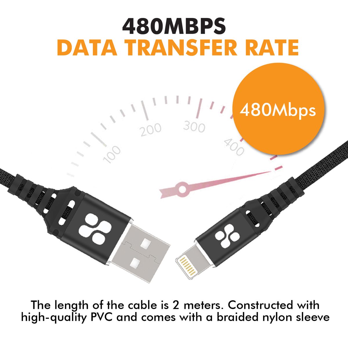 Promate - MFi Certified Lightning Cable, High-Speed 2.4A Nylon Braided USB Charging and Syncing Data Cable with 2m Tangle-Free Design and Over-Charging Protection for iPhone XS, XS Max, iPad Pro, iPod, NerveLink-i2 Black