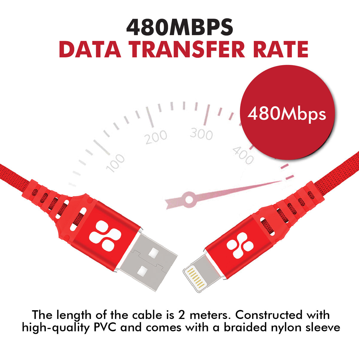 Promate - MFi Certified Lightning Cable, High-Speed 2.4A Nylon Braided USB Charging and Syncing Data Cable with 2m Tangle-Free Design and Over-Charging Protection for iPhone XS, XS Max, iPad Pro, iPod, NerveLink-i2 Red