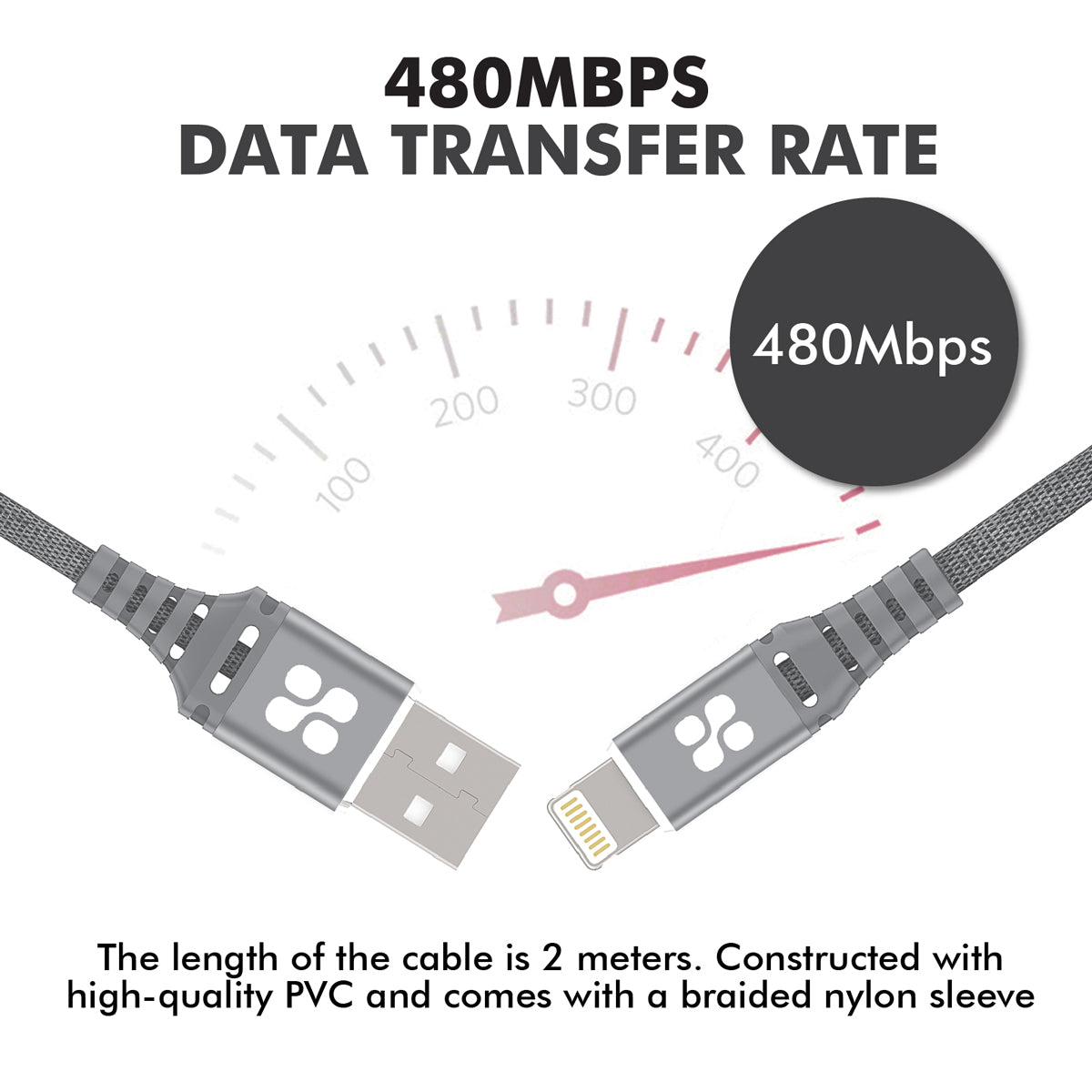 Promate - MFi Certified Lightning Cable, High-Speed 2.4A Nylon Braided USB Charging and Syncing Data Cable with 2m Tangle-Free Design and Over-Charging Protection for iPhone XS, XS Max, iPad Pro, iPod, NerveLink-i2 Grey