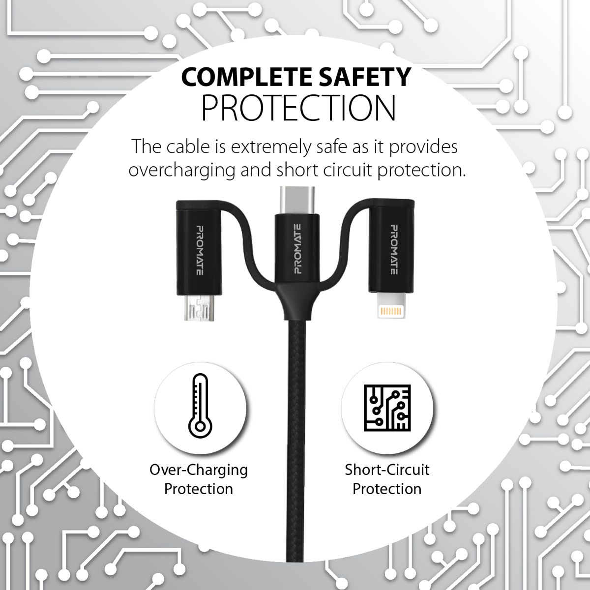 Promate - 6-In-1 Multi Charging Cable, Premium Hybrid 20V 3A Lightning, USB-C, Micro USB Connectors to USB-A and USB-C Fast Sync Charging Cable Data Cord with 60W Type-C to Type-C Power Delivery Cable, PentaPower Black