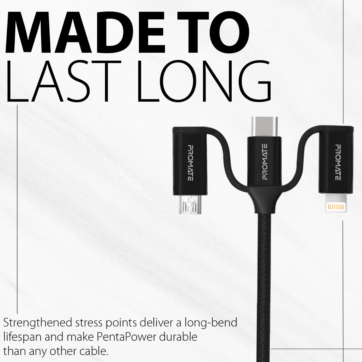 Promate - 6-In-1 Multi Charging Cable, Premium Hybrid 20V 3A Lightning, USB-C, Micro USB Connectors to USB-A and USB-C Fast Sync Charging Cable Data Cord with 60W Type-C to Type-C Power Delivery Cable, PentaPower Black