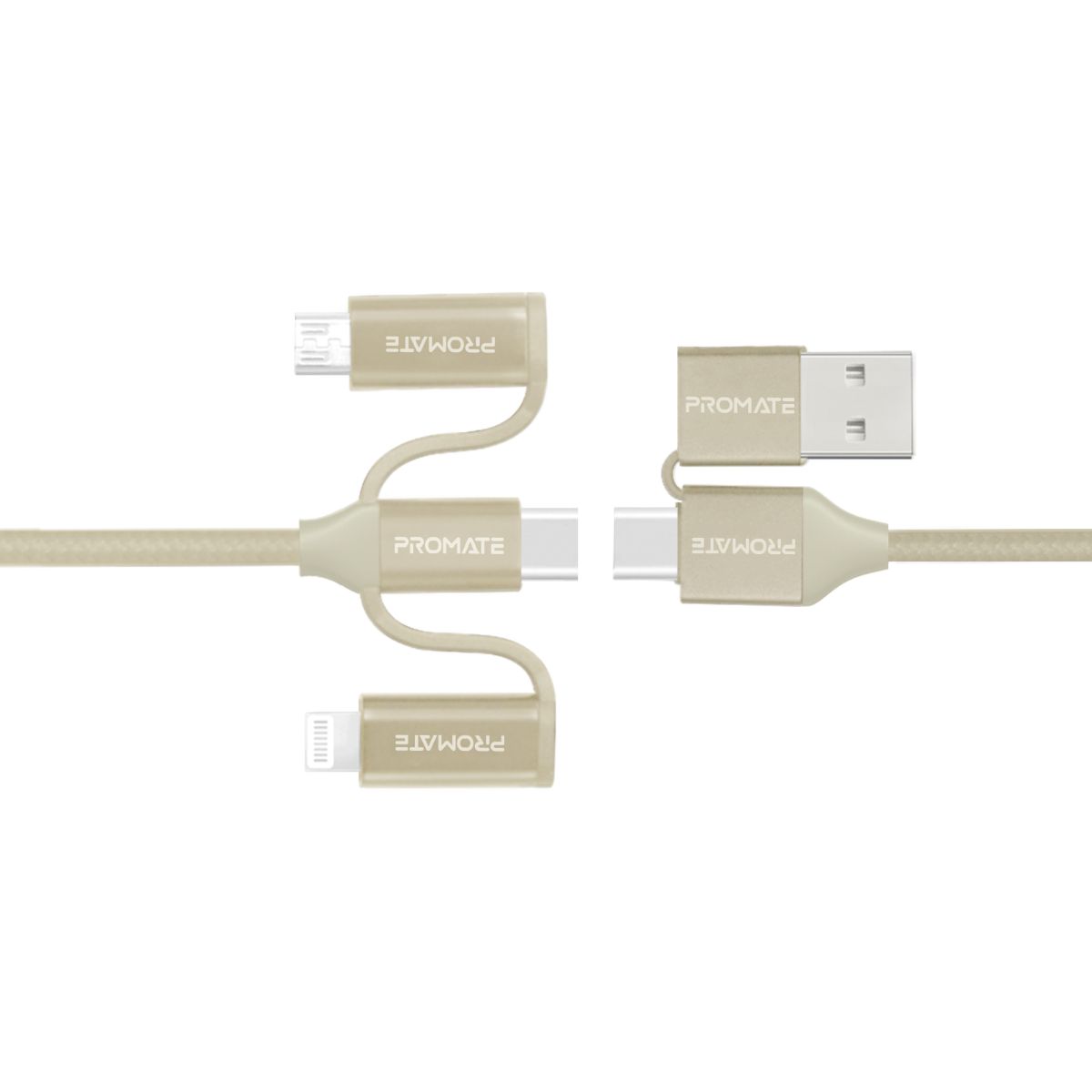 Promate - 6-In-1 Multi Charging Cable, Premium Hybrid 20V 3A Lightning, USB-C, Micro USB Connectors to USB-A and USB-C Fast Sync Charging Cable Data Cord with 60W Type-C to Type-C Power Delivery Cable, PentaPower Gold