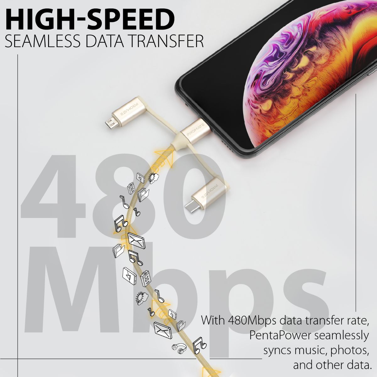 Promate - 6-In-1 Multi Charging Cable, Premium Hybrid 20V 3A Lightning, USB-C, Micro USB Connectors to USB-A and USB-C Fast Sync Charging Cable Data Cord with 60W Type-C to Type-C Power Delivery Cable, PentaPower Gold