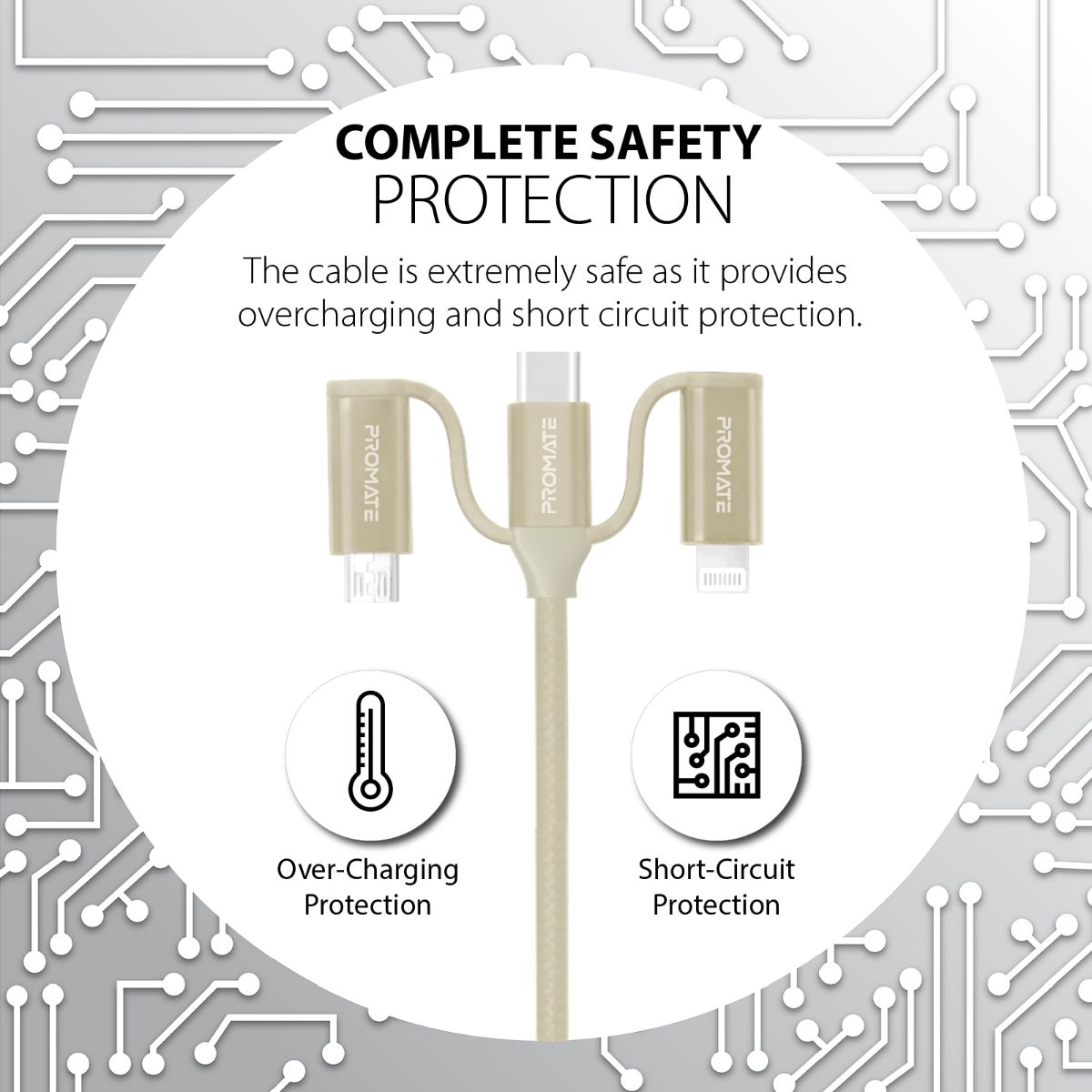 Promate - 6-In-1 Multi Charging Cable, Premium Hybrid 20V 3A Lightning, USB-C, Micro USB Connectors to USB-A and USB-C Fast Sync Charging Cable Data Cord with 60W Type-C to Type-C Power Delivery Cable, PentaPower Gold