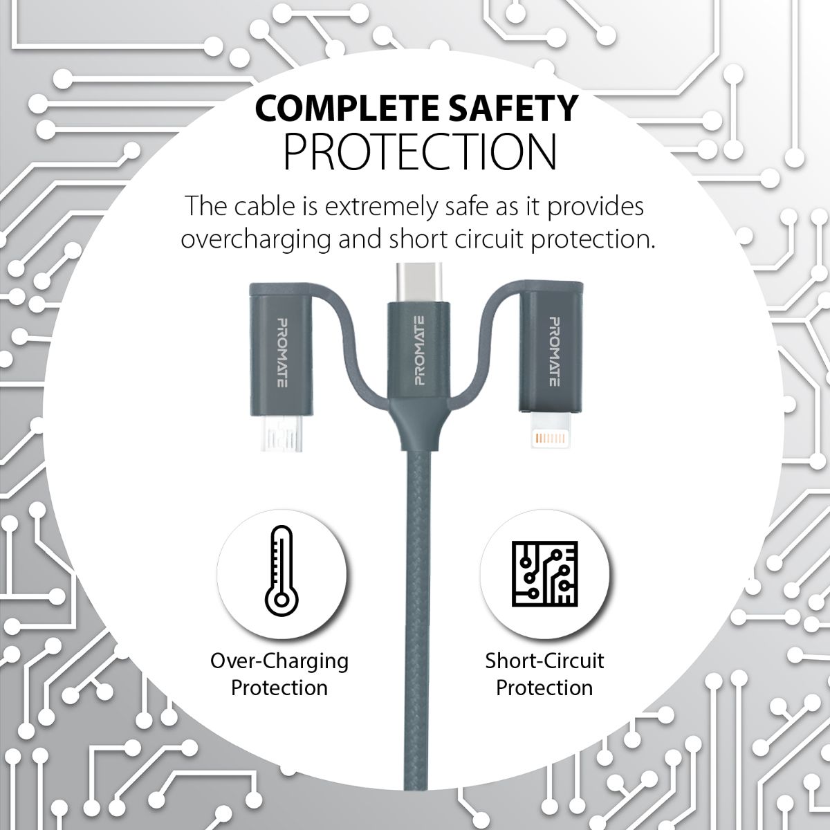 Promate - 6-In-1 Multi Charging Cable, Premium Hybrid 20V 3A Lightning, USB-C, Micro USB Connectors to USB-A and USB-C Fast Sync Charging Cable Data Cord with 60W Type-C to Type-C Power Delivery Cable, PentaPower Grey