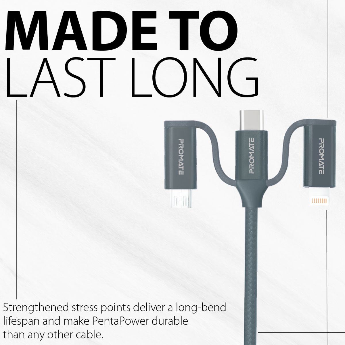 Promate - 6-In-1 Multi Charging Cable, Premium Hybrid 20V 3A Lightning, USB-C, Micro USB Connectors to USB-A and USB-C Fast Sync Charging Cable Data Cord with 60W Type-C to Type-C Power Delivery Cable, PentaPower Grey