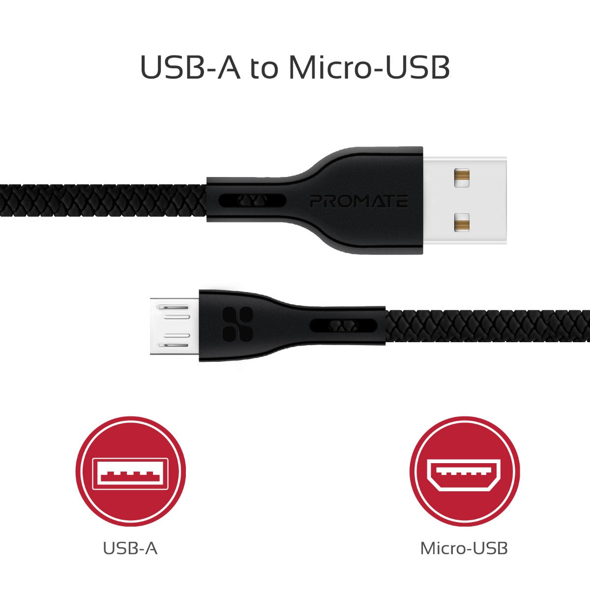 Promate - Micro-USB Cable, High-Quality Anti-Break Micro USB to USB 2.0 Cable with 2A Fast Charging Syncing Cord and 1.2m Anti-Tangle Cable for Samsung, HTC, Motorola, Nokia, MP3 Player. PowerBeam-M Black