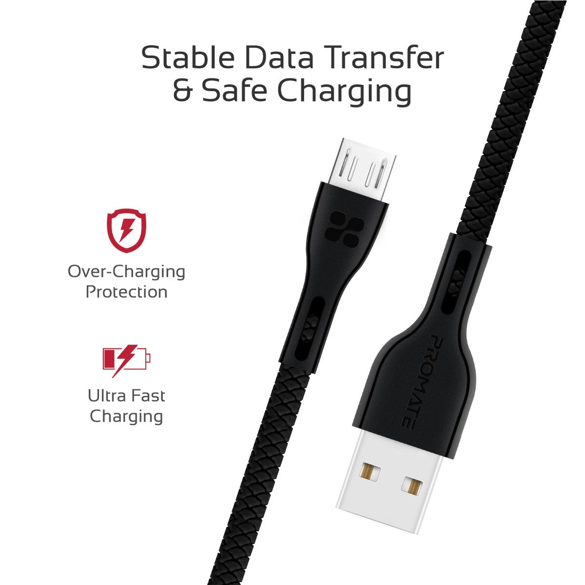 Promate - Micro-USB Cable, High-Quality Anti-Break Micro USB to USB 2.0 Cable with 2A Fast Charging Syncing Cord and 1.2m Anti-Tangle Cable for Samsung, HTC, Motorola, Nokia, MP3 Player. PowerBeam-M Black