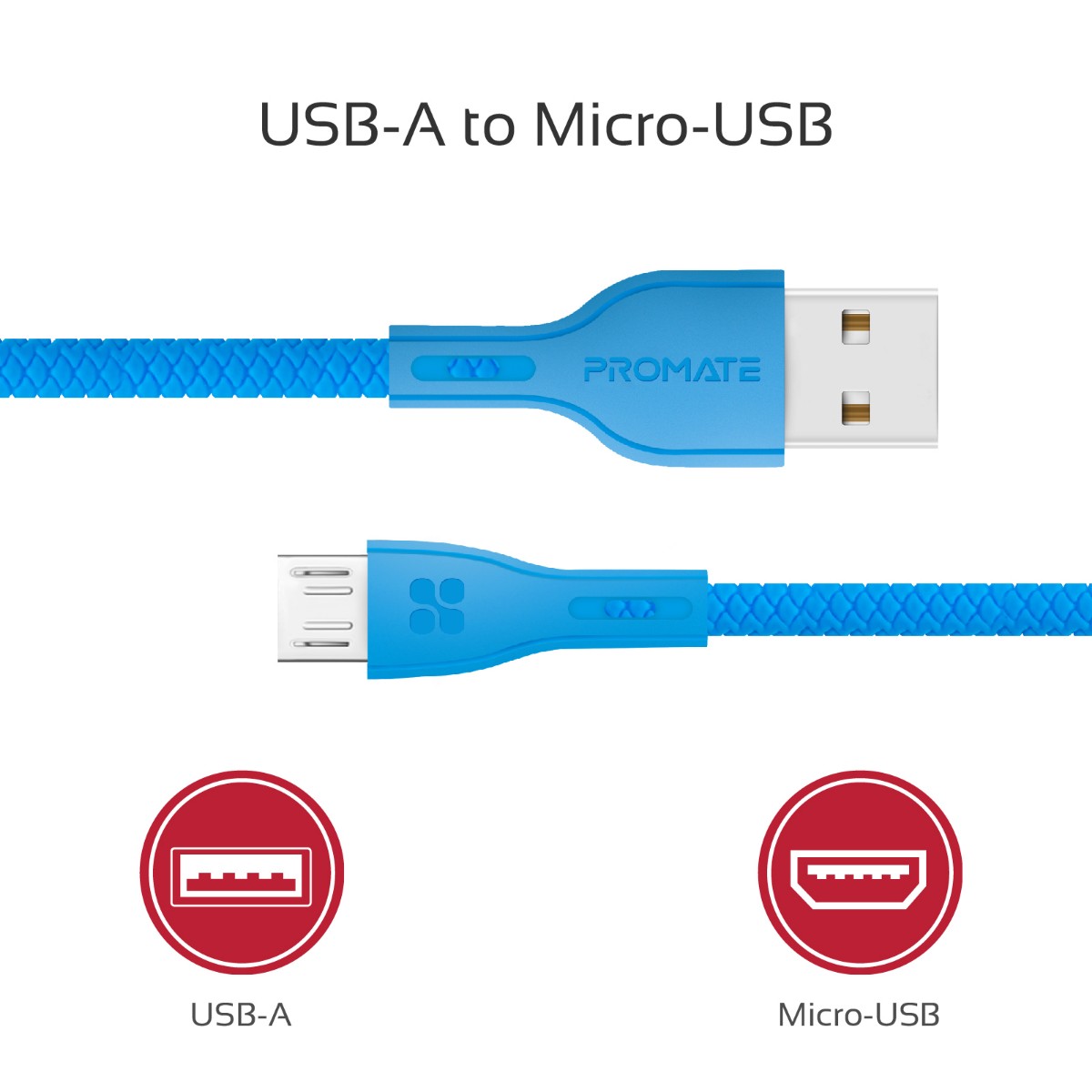 Promate - Micro-USB Cable, High-Quality Anti-Break Micro USB to USB 2.0 Cable with 2A Fast Charging Syncing Cord and 1.2m Anti-Tangle Cable for Samsung, HTC, Motorola, Nokia, MP3 Player. PowerBeam-M Blue