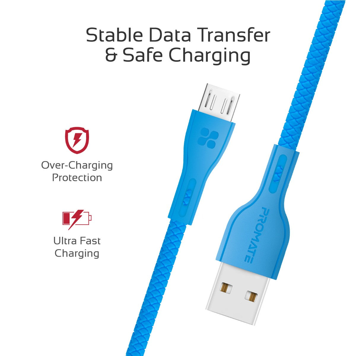 Promate - Micro-USB Cable, High-Quality Anti-Break Micro USB to USB 2.0 Cable with 2A Fast Charging Syncing Cord and 1.2m Anti-Tangle Cable for Samsung, HTC, Motorola, Nokia, MP3 Player. PowerBeam-M Blue