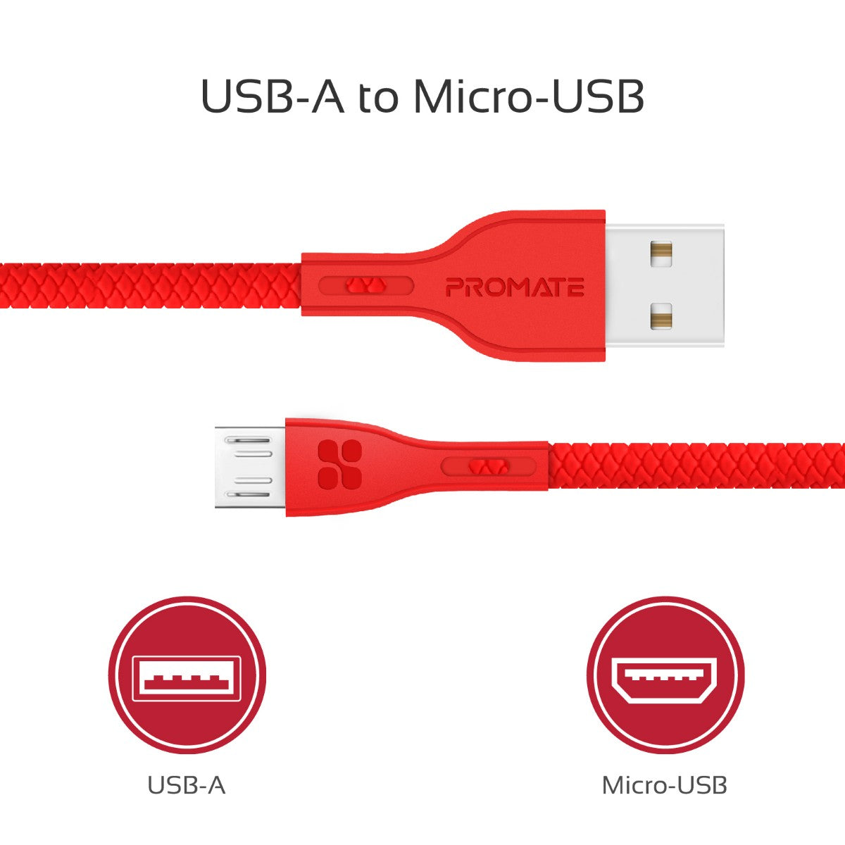 Promate - Micro-USB Cable, High-Quality Anti-Break Micro USB to USB 2.0 Cable with 2A Fast Charging Syncing Cord and 1.2m Anti-Tangle Cable for Samsung, HTC, Motorola, Nokia, MP3 Player. PowerBeam-M Red