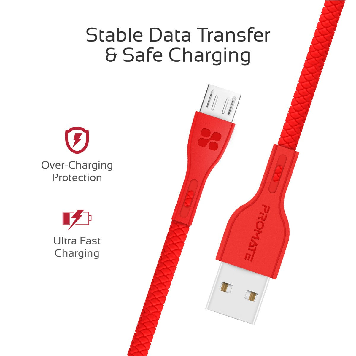 Promate - Micro-USB Cable, High-Quality Anti-Break Micro USB to USB 2.0 Cable with 2A Fast Charging Syncing Cord and 1.2m Anti-Tangle Cable for Samsung, HTC, Motorola, Nokia, MP3 Player. PowerBeam-M Red